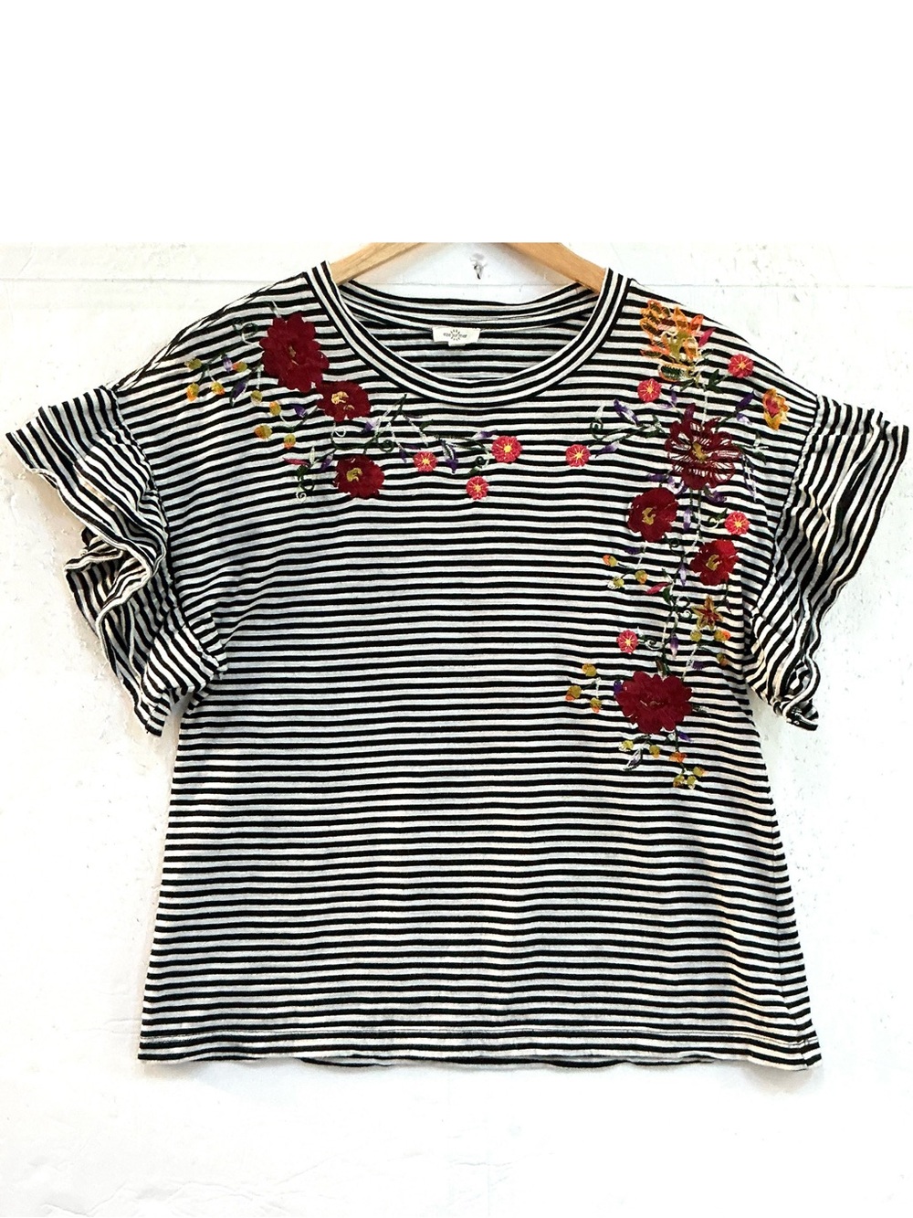 Striped Black & White Floral Embroidered Ruffle Sleeve Top S